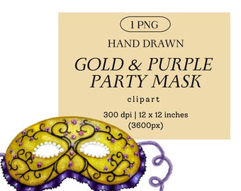 Gold & Purple Masquerade Mask Clip Art: Hand Drawn Illustration (PNG Digital Download)