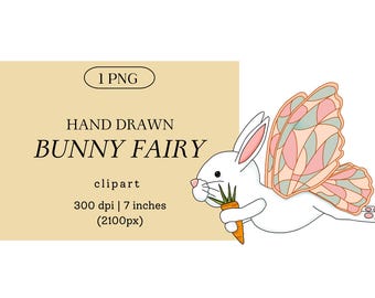Bunny Fairy Clip Art: Hand-Drawn Rabbit with Butterfly Wings (PNG Digital Download)