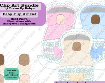 Baby Clip Art Bundle, White Baby Bassinet, Baby PNG, Hand Drawn Clip Art, 12 PNG Designs, Baby Announcement, Baby Shower Card, Nursery Art