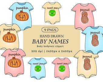 Baby Bodysuit Clip Art, Hand Drawn | Blue, Pink, Yellow New Baby PNG Set