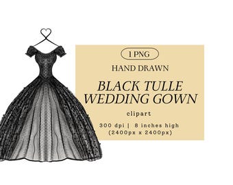 Black Tulle Wedding Gown Clip Art PNG, Bridal Dress Illustration