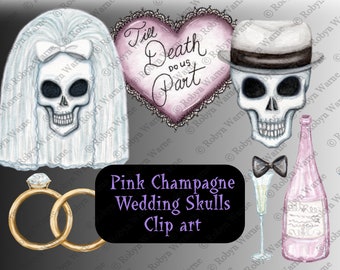 Gothic Wedding Clip Art Set, Skull Wedding PNG, Illustration, Halloween Wedding, Watercolor, Pink Champagne, Skull Bride, Skull Groom, PNG