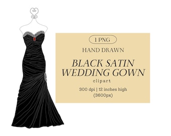 Black Satin Wedding Gown Clip Art PNG, Bridal Dress Illustration