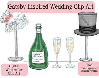 Retro Wedding Clip Art, Gatsby Inspired, 1920s Wedding, Hand Drawn, Champagne Toast, Bride's Cap, Groom's Hat,  Sketch, Instant Download