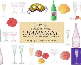 Champagne Clip Art PNG Set, Wedding Celebration Illustration