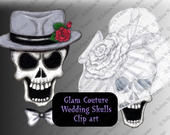 Couture Skull Wedding, Gothic, Clip Art, Gothic Wedding, Illustration, Halloween Wedding, Watercolor Art, Skull Bride, Skull Groom, PNG