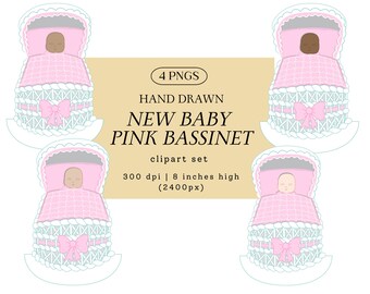 Baby Bassinet Clip Art, Pink Bedding | Inclusive New Baby PNG Set