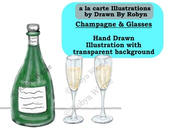 Champagne Toast Clip Art, Wedding Clip Art, Champagne Illustration, Wedding Toast PNG, Champagne Bottle PNG, Instant Download, Hand Drawn