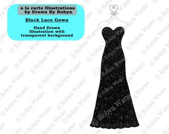 Black Lace Gown Clip Art, Lace Wedding Gown, Black Wedding Gown Sketch, Black Dress PNG, Gothic Wedding Art, Hand Drawn, Fashion Drawing