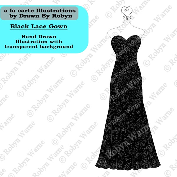 Black Lace Gown Clip Art, Lace Wedding Gown, Black Wedding Gown Sketch, Black Dress PNG, Gothic Wedding Art, Hand Drawn, Fashion Drawing