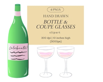 Champagne Bottle & Glasses Illustration: Wedding Toast PNG (Digital Download)