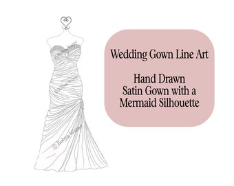 Wedding Dress Clip Art, Satin Wedding Gown, Wedding Gown PNG, Satin Gown PNG, Line Art, Hand Drawn Clip Art, Fashion Drawing, Black & White