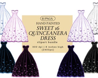 Sweet 16 Quinceañera Dress Clip Art Set, Watercolor Gown PNG Illustration