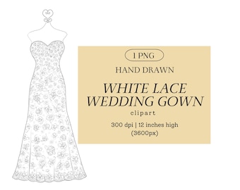 White Lace Strapless Wedding Dress Clip Art, Bridal Gown PNG Illustration