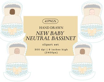 Baby Bassinet Clip Art, Neutral Bedding | Inclusive New Baby PNG Set