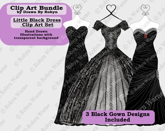 Black Dress Clip Art Bundle, Black Satin Gown, Black Wedding Gown Clip Art, Black Dress PNG, Gothic Wedding Art, Hand Drawn, Fashion Drawing