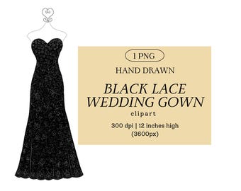 Black Lace Wedding Gown Clip Art PNG, Bridal Fashion Illustration