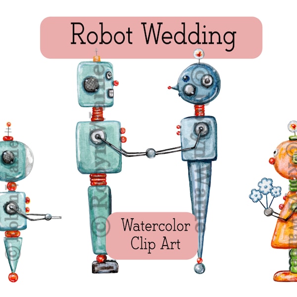 Sci Fi Clip Art, Robot Wedding PNG, Sci-Fi Wedding, Watercolor Clip Art,  Illustration, Geek Wedding, Robot Bride Groom Clip Art, Robot PNG