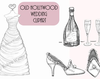 Old Hollywood Wedding Clip Art, Gown & Champagne PNG