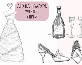 Retro Clip Art, Old Hollywood, Black & White, Wedding Printable, Instant Download, Hand Drawn, Wedding Gown, Champagne Toast, Bride Shoes