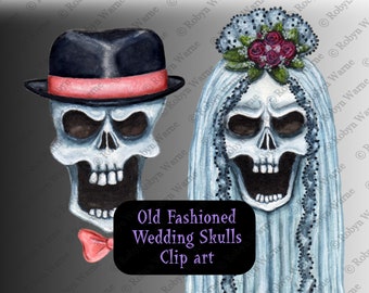 Skull Wedding Clip Art Set, Wedding Skulls, Gothic Wedding PNG, Illustration, Halloween Wedding, Watercolor, Skull Bride, Skull Groom, PNG