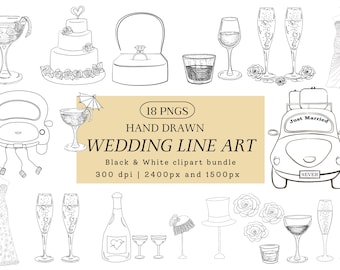 Wedding Line Art Clip Art Bundle PNG, Hand Drawn Illustrations