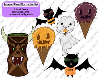 Clip Art Halloween, SummerWeen PNG, Beach Bat, Boo Bat, Booberry Ice Cream, Ghostie with Ice Cream, Pumpkin Ice Cream, Spooky Tiki, Clip Art