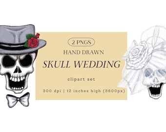 Gothic Skull Wedding Clip Art PNG, Bride Groom Dark Romance Illustration