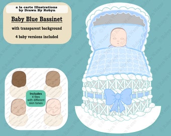 New Baby Blue Clip Art Set, White Baby Bassinet, Baby PNG, Hand Drawn Clip Art, 4 Designs, Baby Announcement, Baby Shower, Nursery Art