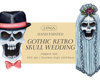 Gothic Retro Skull Wedding Clip Art, Bride Groom PNG Illustration