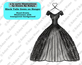 Black Tulle Ball Gown Clip Art, Tulle Wedding Gown, Black Wedding Gown Sketch, Black Dress PNG, Gothic Wedding, Hand Drawn, Fashion Drawing