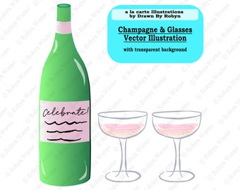 Champagne Vector Clip Art, Wedding, Champagne Illustration, Wedding Toast PNG, Champagne Bottle PNG, Wine Glasses PNG, Hand Drawn, New Year
