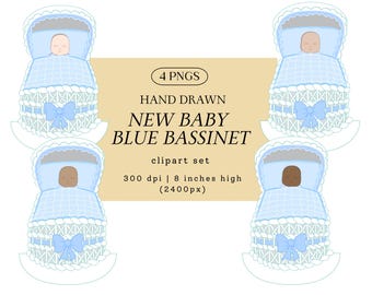 Baby Bassinet Clip Art, Blue Bedding | Inclusive New Baby PNG Set