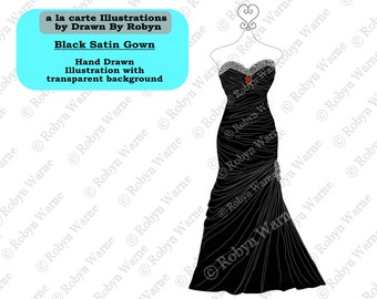 Black Satin Gown Clip Art, Satin Wedding Gown, Black Wedding Gown Sketch, Black Dress PNG, Gothic Wedding Art, Hand Drawn, Fashion Drawing