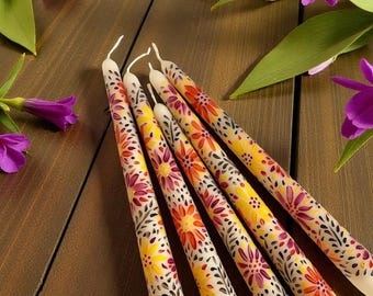 Hand Painted Floral Taper Candles in Orange, Yellow, and Pink