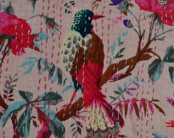 Kantha-quilt Indiase hand blokprint beige kantha bedovertrek gooi puur katoenen kantha deken Gudari sprei Kantha-quilt twin size