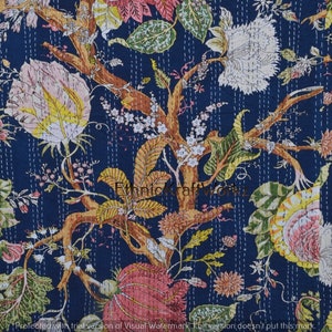 Handblock Blommigt indiskt Kantha-täcke Kantha-täcke Blå bas Blått Kantha-täcke Kantha-överkast Bomullsfilt Gudari bild 6