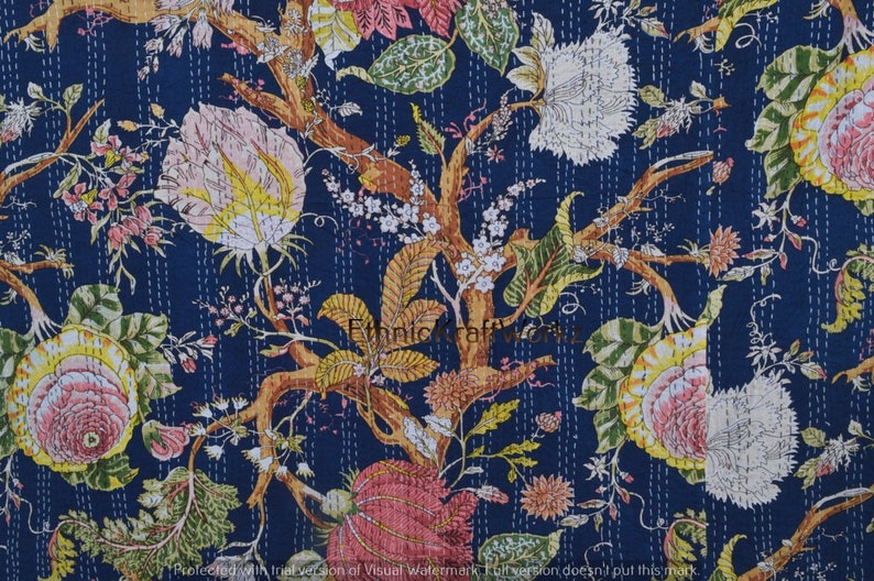 Handblock Blommigt indiskt Kantha-täcke Kantha-täcke Blå bas Blått Kantha-täcke Kantha-överkast Bomullsfilt Gudari bild 6