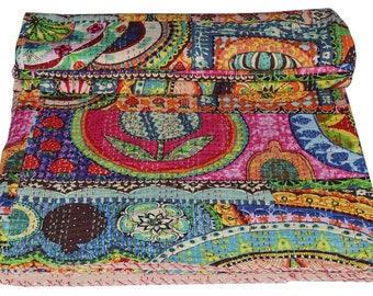 Indian  Kantha Quilt Throw Multi Color Design Print Cotton  Bedspread Queen Kantha Gudari
