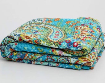 New Indian  Cotton Beautiful Kantha Quilt Paisley Print Kantha Throw Reversible Bedding Kantha Blanket