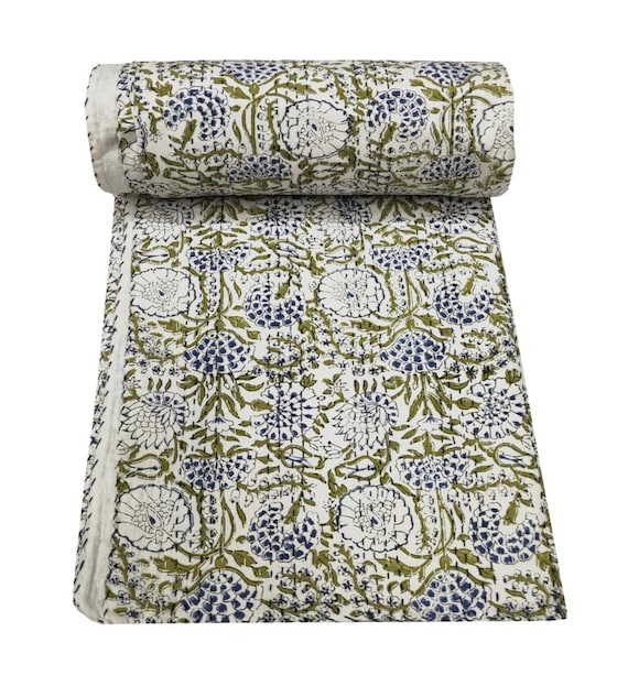 Indian Kantha Quilt  Throw Reversible Blanket Bedspread Block Print Fabric Bohemain quilt Twin/Queen chic bedding coverlets