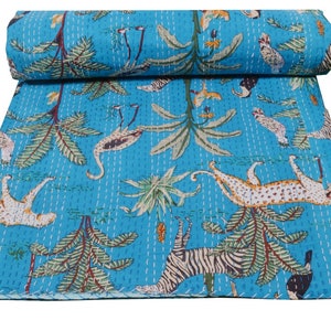 Kołdra Kantha z nadrukiem dżungli safari w stylu indyjskim, rozmiar podwójny/królewski/królewski, narzuta bawełniana, narzuta na łóżko Kantha, kołdra w rozmiarze queen