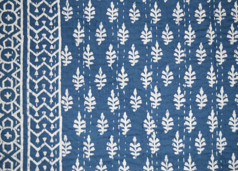 Indigo blue Coverlet Twin Size Bird Print Bohemian Boho Block Printed 100/% Indian Cotton Vintage Kantha quilts Hand Stitched Quilt
