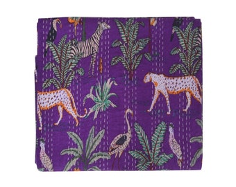 Indian Kantha Quilt Animal Printed Kantha Blanket Cotton Kantha Bedspread  Kantha Coverlet Throw Queen & Twin Size Kantha Bedcover