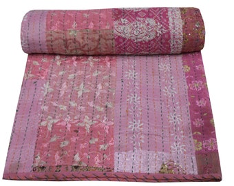 Indain  Cotton Patchwork Print Kantha Quilt Queen Bedspread Bedding Bohemian Kantha Bedspread