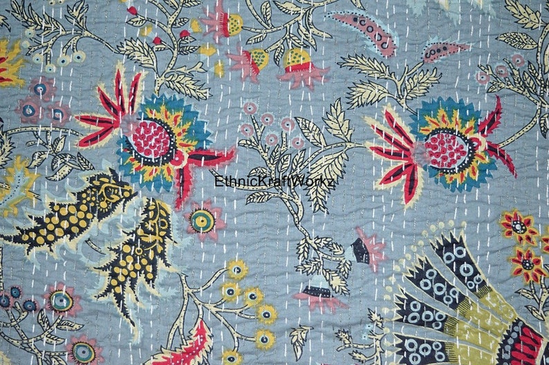 Sophia-Art Twin/Queen Multicolor Handmade Mukut Print Kantha Quilt Kantha Blanket Bed Cover King Kantha Bedspread Bohemian Bedding（並行輸入品） Patchwork Quilt Sophia-Art Twin⁄Queen Multi Color Handmade Mukut
