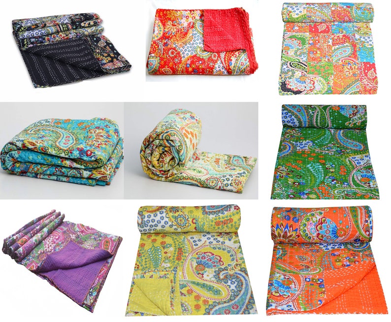 Puede incluir: Una colecci&oacute;n de nueve colchas kantha en varios colores y patrones, incluyendo dise&ntilde;os de paisley, florales y geom&eacute;tricos. Las colchas est&aacute;n hechas de algod&oacute;n y est&aacute;n cosidas a mano. Son perfectas para a&ntilde;adir un toque de estilo bohemio a cualquier habitaci&oacute;n.