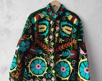 Giacca in velluto verde slub - Giacca boho ricamata a mano, giacca ricamata Suzani, giacca corta, taglia unica