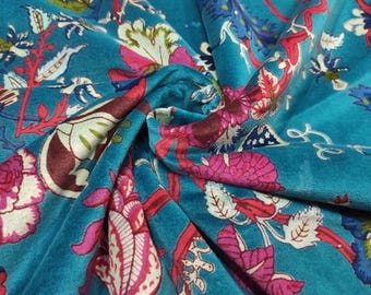 Tela de terciopelo de algodón con estampado floral indio: Tela de terciopelo suave de color azul para tapicería y confección.