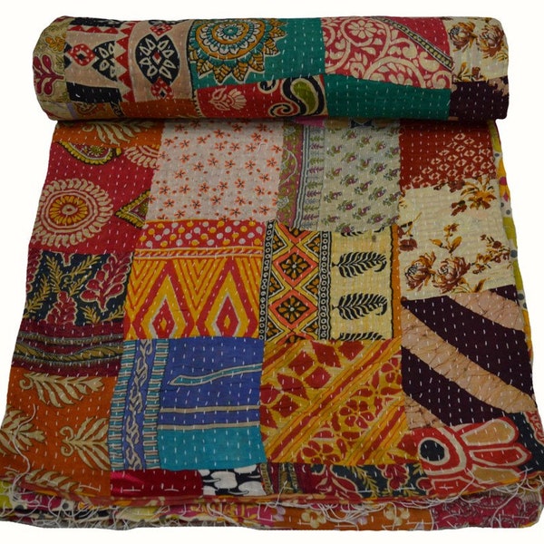Indian Handmade Assorted Patchwork kantha quilt  kantha,handstitched Bedspread Bedding throw Patchwork Queen Size Blanket